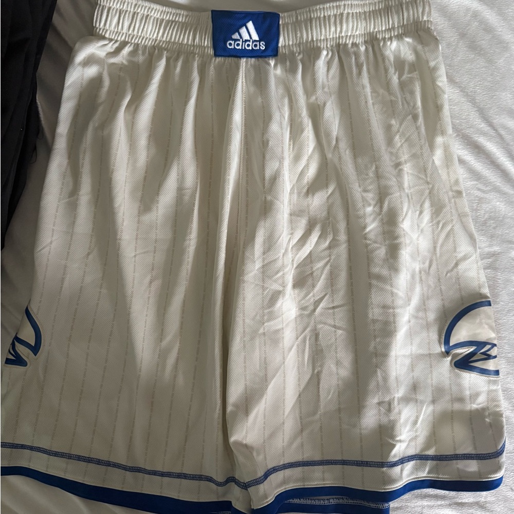Men’s Adidas, Cream & Blue w/ pinstripes, Jayhawks shorts. Like new! RARE FIND!